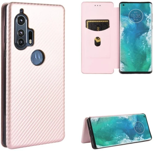 Θήκη για Motorola Moto Edge Plus με υφή ανθρακονημάτων, οριζόντια αναδιπλούμενη, TPU + PC + Δερμάτινη PU με κορδόνι & θήκη για κάρτες (Ροζ)