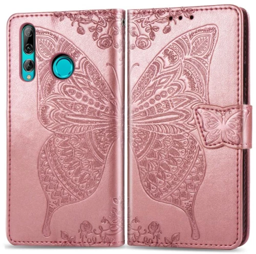 Πεταλούδα αγάπη λουλούδια ανάγλυφη οριζόντια Flip δερμάτινη θήκη για Huawei Y9 Prime (2019), με κάτοχο & υποδοχές καρτών & πορτοφόλι & κορδόνι (Ροζ Χρυσό)