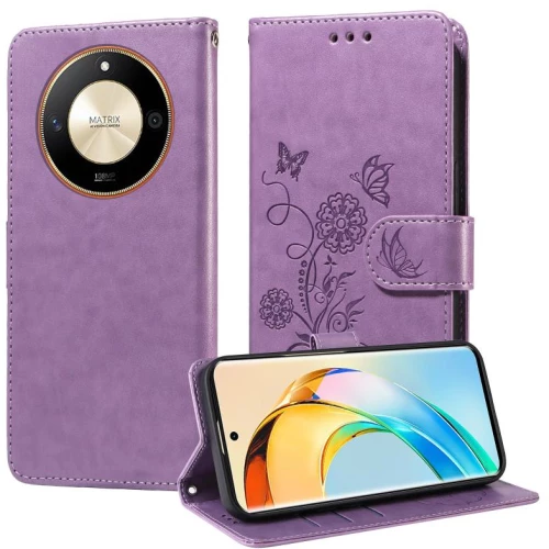 Θήκη τηλεφώνου από δέρμα με ανάγλυφα λουλούδια και πεταλούδες για Honor X50 / X9b / Magic6 Lite (Μωβ)