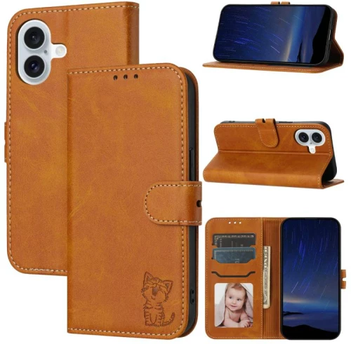 Για το iPhone 16 ανάγλυφο ευτυχισμένη γάτα μοτίβο Flip δερμάτινη θήκη τηλεφώνου (Κίτρινο)