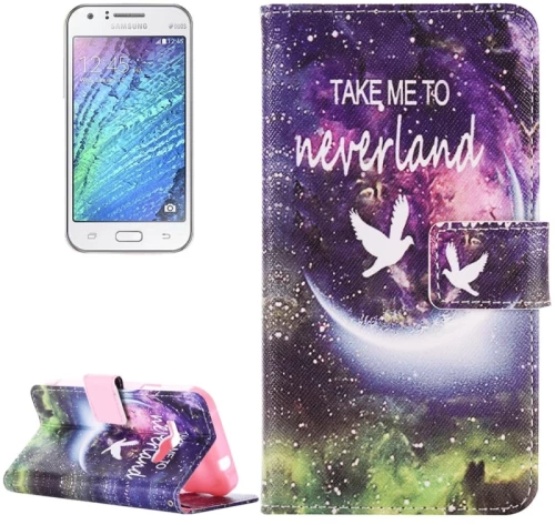 Θήκη οριζόντιας αναδίπλωσης με μαγνητικό κλείσιμο από δέρμα για Galaxy J1 Ace / J110 με σχέδιο Neverland, βάση στήριξης και θήκες για κάρτες & πορτοφόλι.
