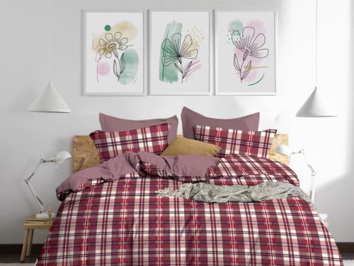 Σετ Σεντόνια Καρό Κόκκινο 100% Βαμβακερά Γαρύφαλλο - 220x260, Χωρίς Λάστιχο