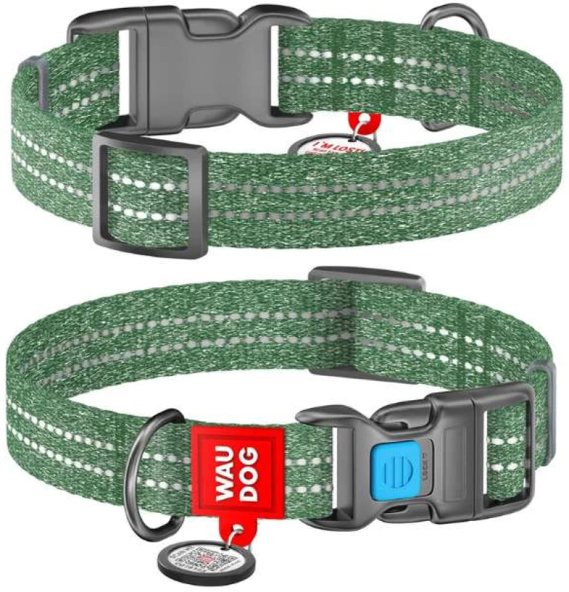 Waudog Κολάρο Σκύλου με Smart ID Reflective Green Fastex L 25mm x 33-49cm