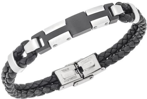 Βραχιόλι διπλό Senza Men`s Steel, Black Leather Strap, με ασημί  και  μαύρο σχέδιο SSD5793SBK