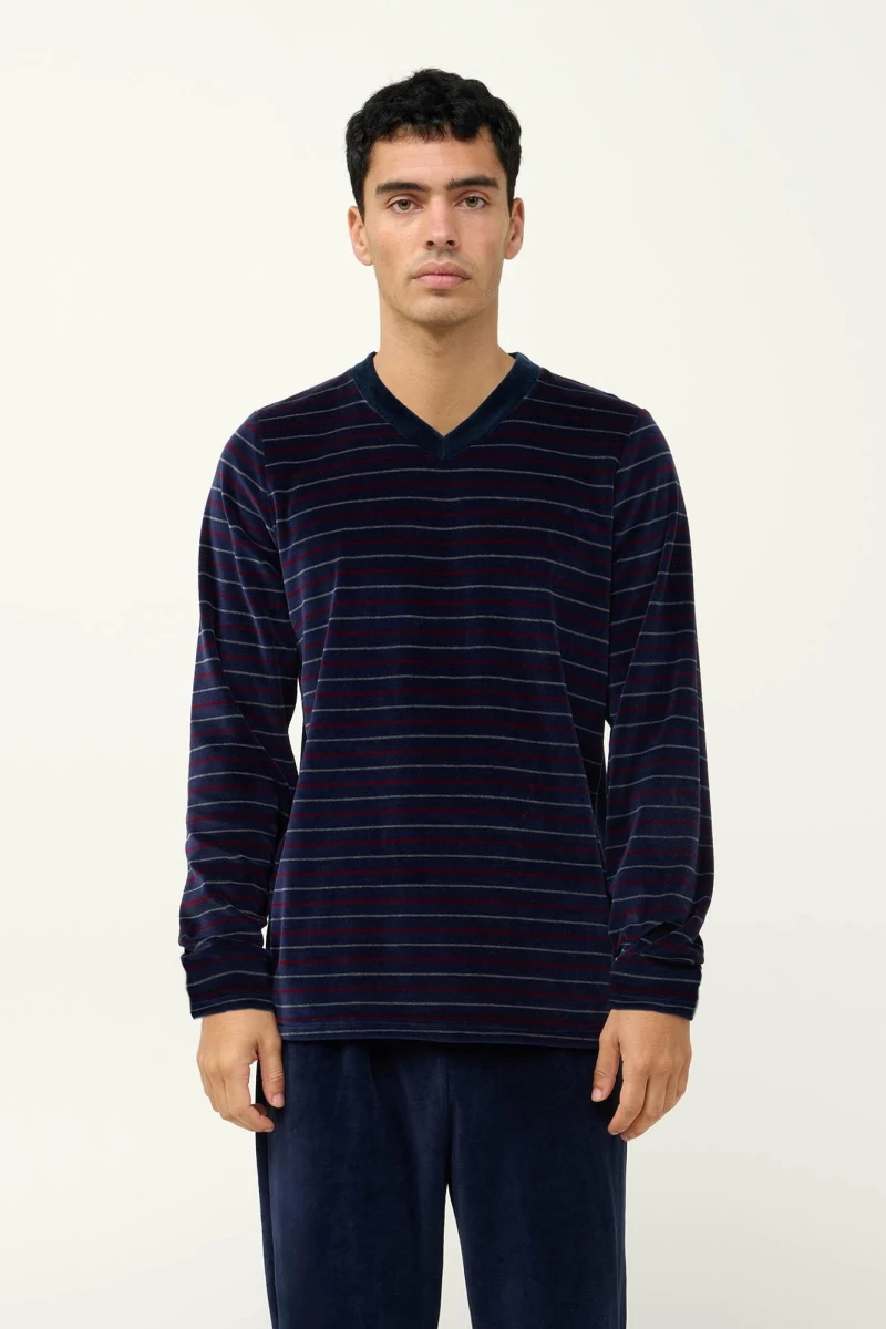 VAMP Ανδρική Velvet Πυτζάμα με V Λαιμόκοψη 23700-BLUE BLAZER