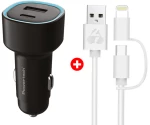 POWERTECH φορτιστής αυτοκινήτου με καλώδιο MFi USB σε micro USB/Lightning BNDL-0207, USB & USB-C, 85W, μαύρο/λευκό