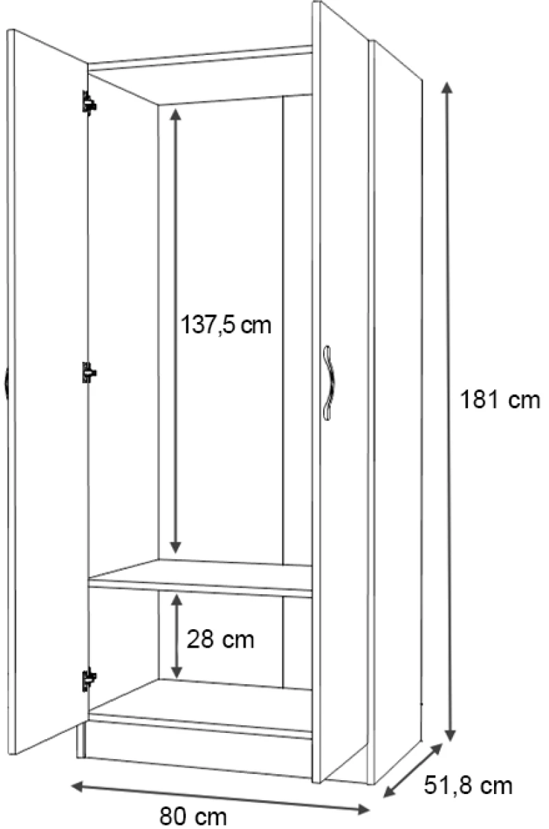 Ντουλάπα ρούχων Vivian  δίφυλλη χρώμα λευκό 80x51,8x181εκ.