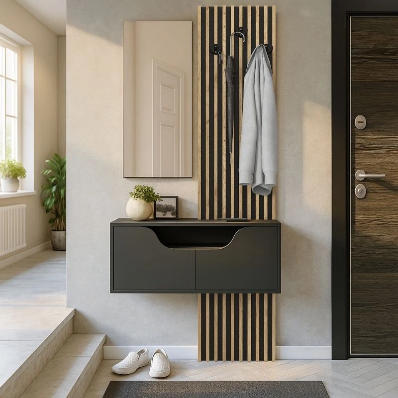 Έπιπλο εισόδου Naro  χρώμα ανθρακί - sepet oak 90x35x204,2εκ.