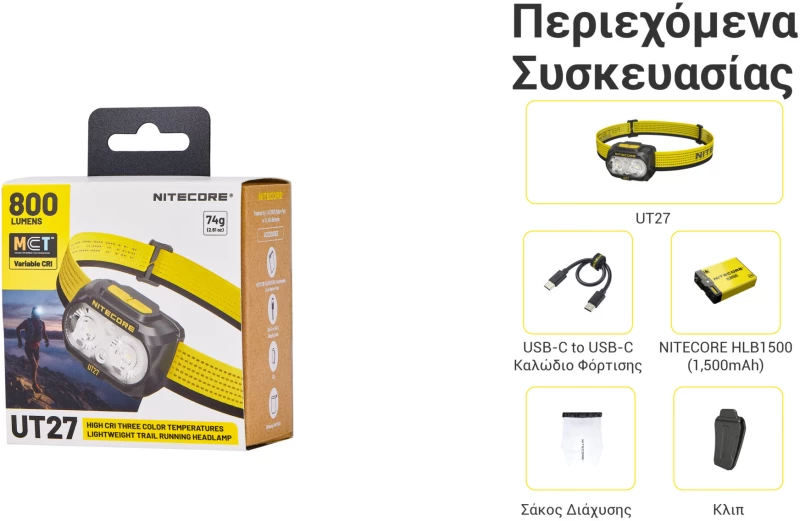 ΦΑΚΟΣ LED NITECORE HEADLAMP UT27 Pro MCT 800Lumens + 2x HBL1500Lion Battery, Black