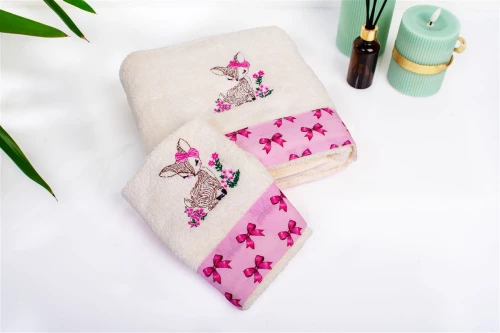 Πετσέτα Με Κέντημα Σετ 2 τεμ bebe Deer 198 30X50,70X140 Ecru-Pink 100% Cotton - -
