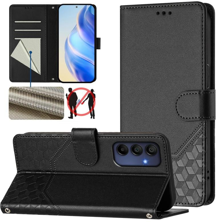 Για Samsung Galaxy A16 Honeycomb ανάγλυφο RFID δερμάτινη θήκη τηλεφώνου (Μαύρο)