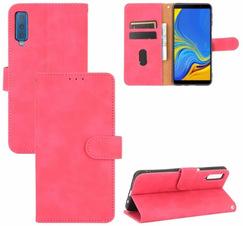 Θήκη για Samsung Galaxy A7 (2018) με μαγνητικό κούμπωμα, οριζόντια, με υφή δέρματος μοσχαριού, από PU δέρμα σε μονόχρωμο χρώμα, με βάση & θήκες για κάρτες & πορτοφόλι (Ροζ Κόκκινο)