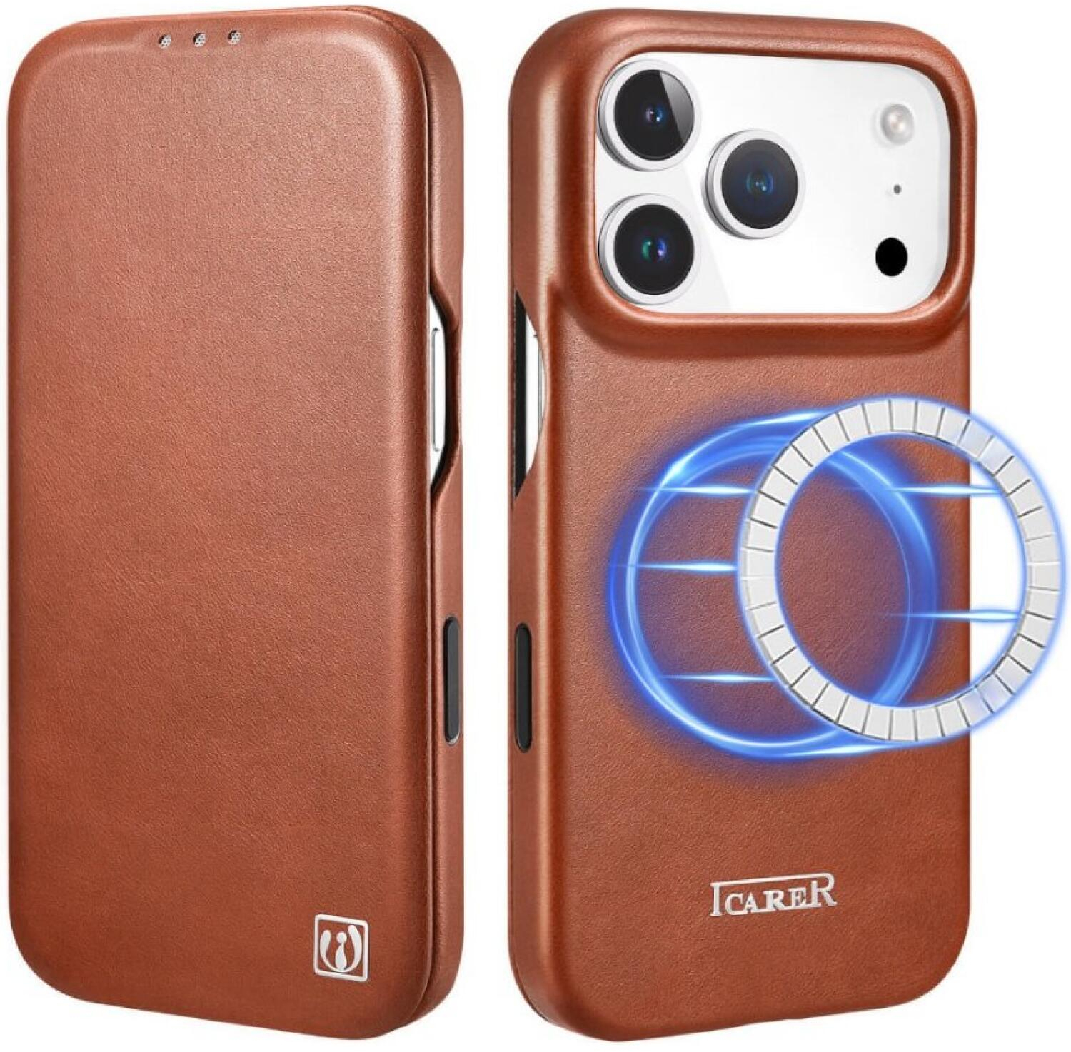 Θήκη iPhone 17 Pro iCarer Curved Edge Leather Folio with Magsafe Δερμάτινη Flip με MagSafe - Retro Brown (KJIP17250701-BN)