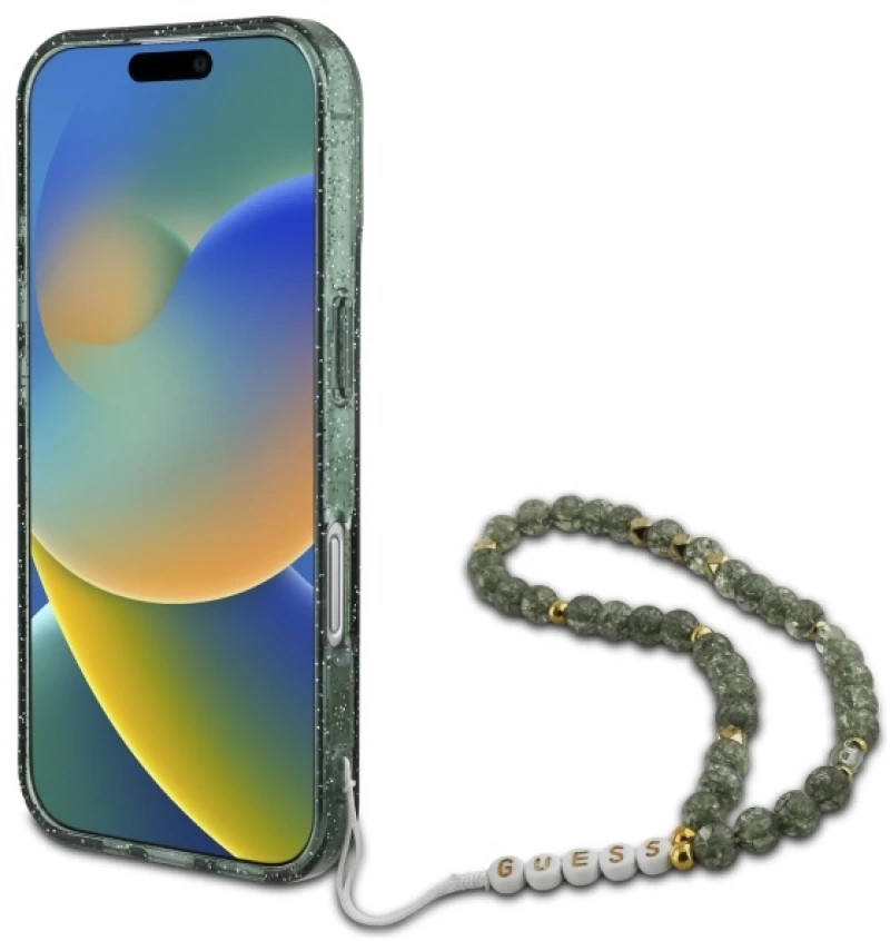 Guess IML Glitter With Pearl Strap MagSafe case for iPhone 16 Plus - green