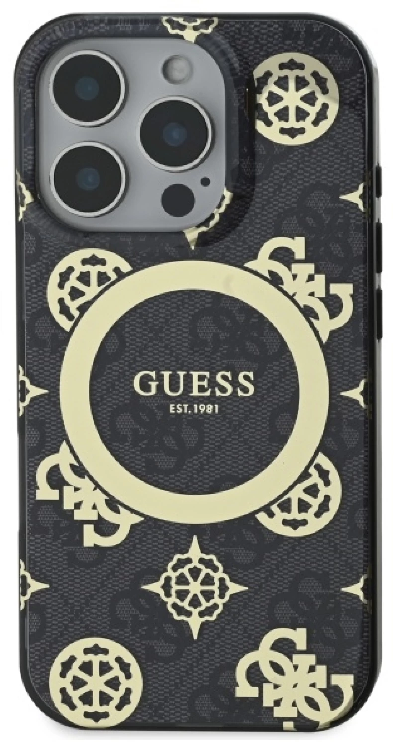 Guess IML Peony On 4G Background MagSafe Case for iPhone 16 Pro Max - Black