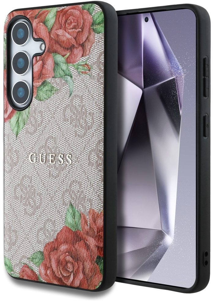 Guess Leather 4G Flowers Print Metal Classic Logo MagSafe Case for Samsung Galaxy S25 - Pink