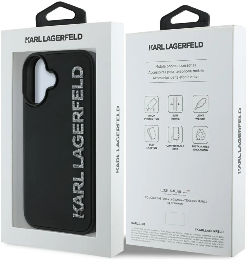 Karl Lagerfeld HC 3D Rubber Elongated Glitter iPhone 16 Case - Black