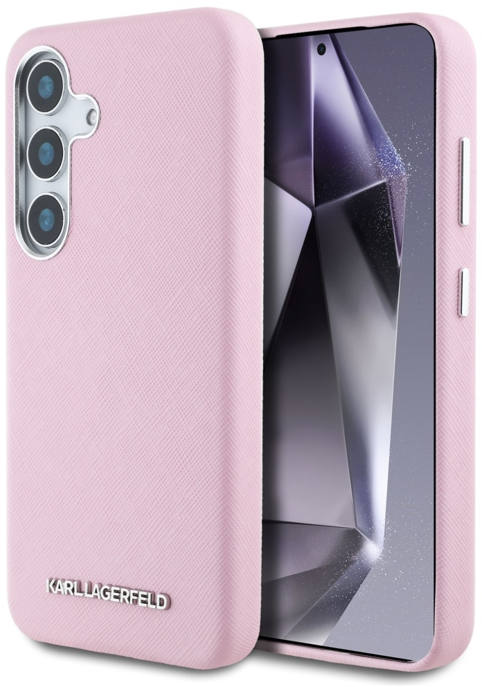 Karl Lagerfeld Saffiano Full Wrapped Elongated Metal Logo MagSafe Case for Samsung Galaxy S25+ - Pink
