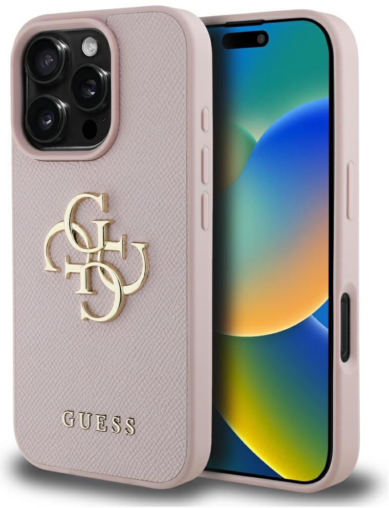Guess Grained Big 4G Logo Small Classic Logo Case for iPhone 16 Pro - Pink