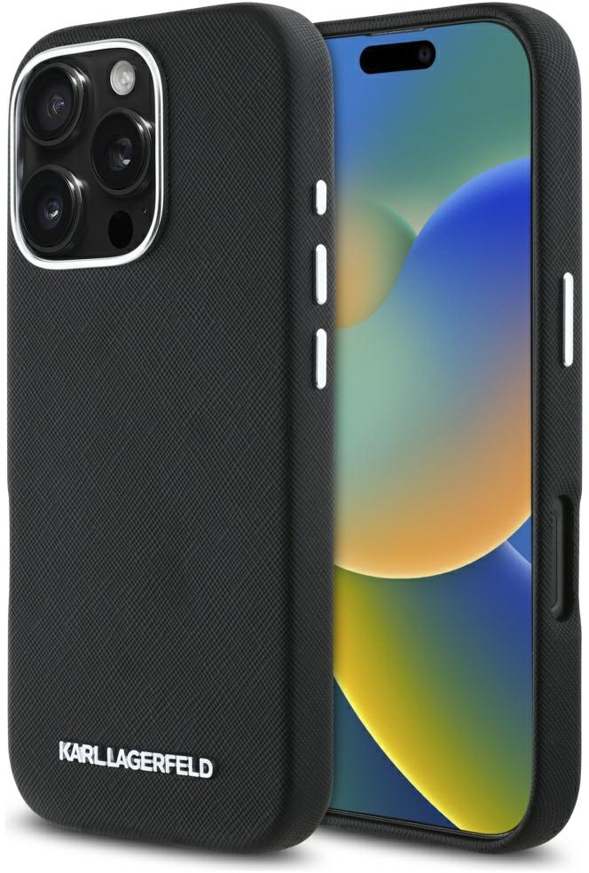 Karl Lagerfeld Saffiano Full Wrapped Elongated Metal Logo MagSafe Case for iPhone 16 Pro Max - Black