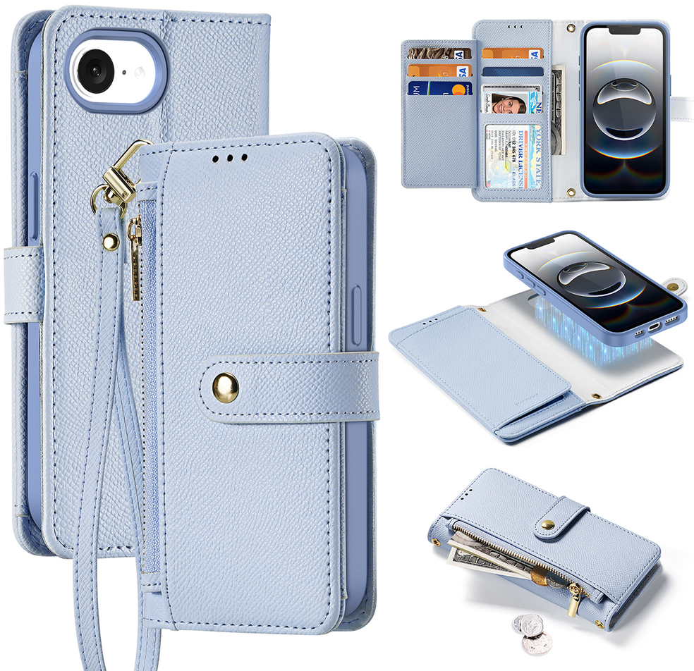 Dux Ducis Lawa iPhone 16e Leather Case with Detachable Magnetic Wallet - Blue