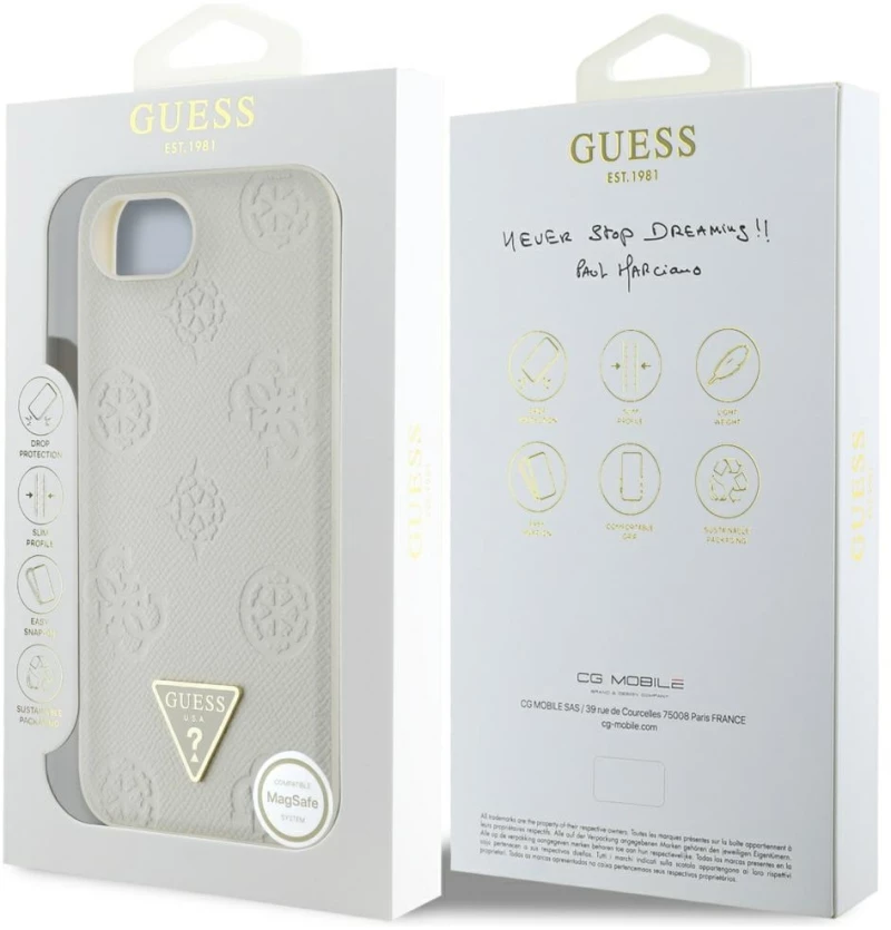 Guess Grained Hot Stamp Peony Triangle Logo MagSafe case for iPhone 16e - beige