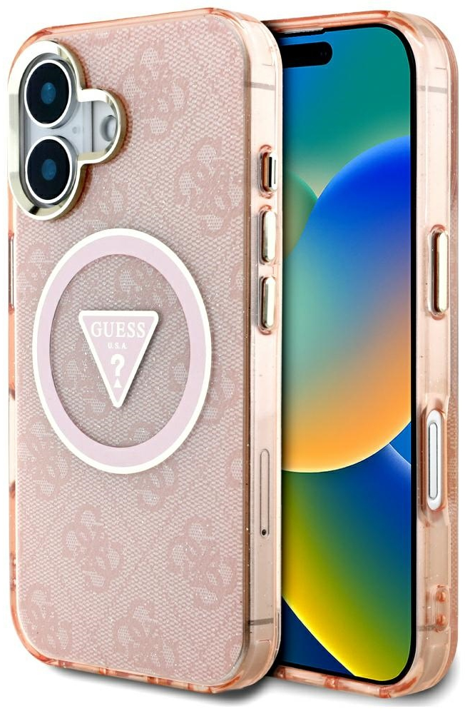 Guess IML Metal Glitter 4G Circle Triangle MagSafe case for iPhone 16 - pink