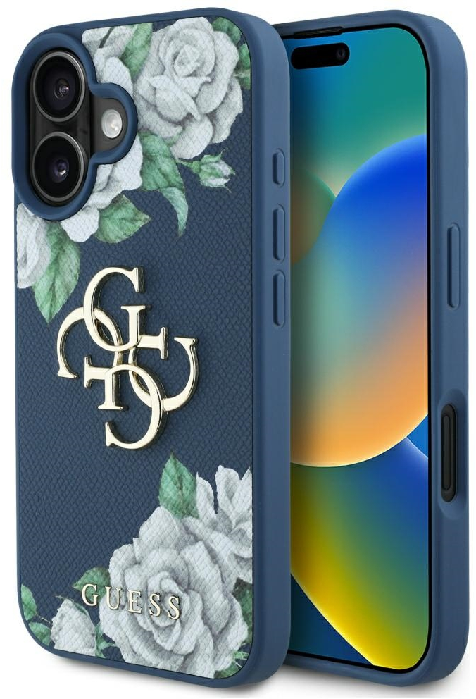 Guess Grained Roses Big 4G logo case for iPhone 16 - blue