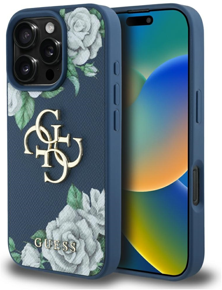 Guess Grained Roses Big 4G logo case for iPhone 16 Pro Max - blue