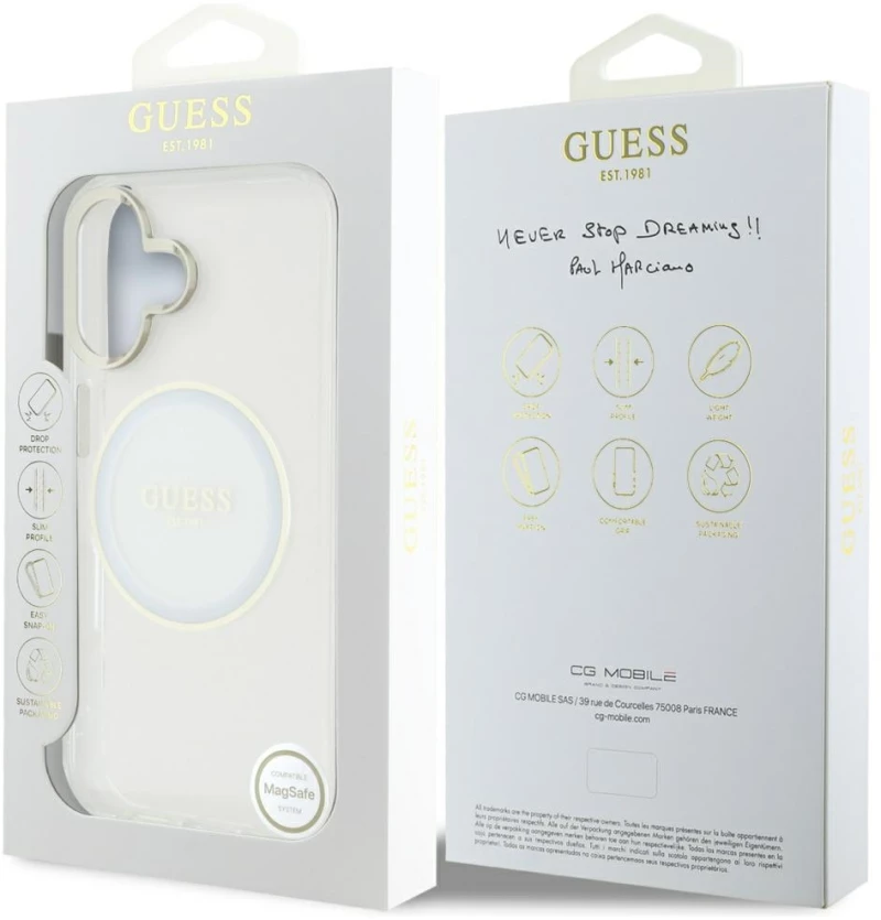 Guess IML Metal Colored Circle Classic Logo MagSafe case for iPhone 16 - white