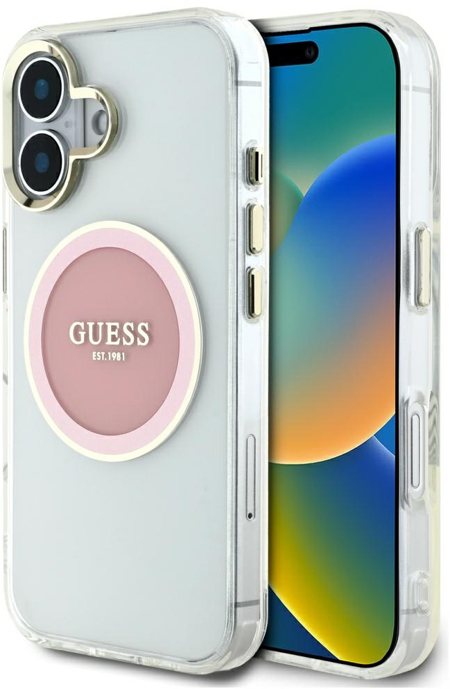 Guess IML Metal Colored Circle Classic Logo MagSafe iPhone 16 Case - Pink