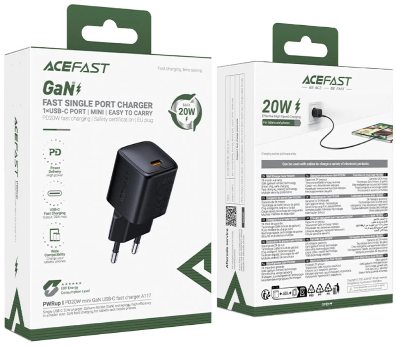 Φορτιστής Ταξιδίου Acefast A117 Mini Fast Charging USB-C PD20W 3A GaN Μαύρος