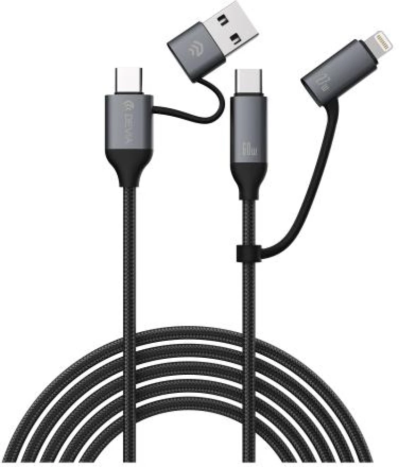 Καλώδιο Σύνδεσης USB 2.0 4 σε 1 Braided Devia EC504 USB C σε USB A & USB C & Lightning PD 60W & 27W 1.5m Extreme Μαύρο