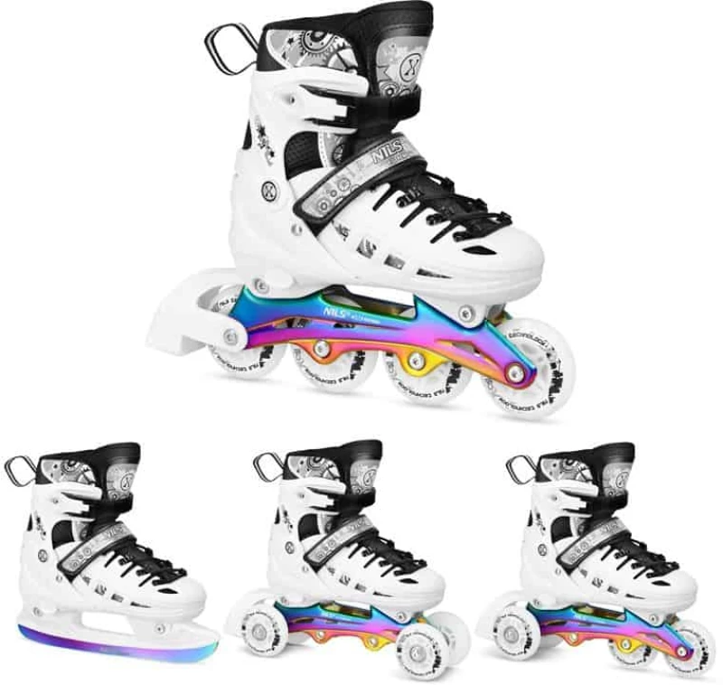 Αυξ/να Roller NH10905 4 ΣΕ 1 Inline Skates NILS EXTREME ΑΣΠΡΟ RAINBOW με LED Τροχούς-MEDIUM (35-38)