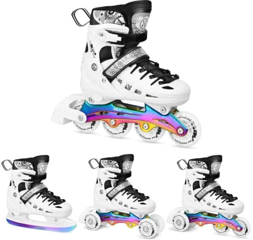 Αυξ/να Roller NH10905 4 ΣΕ 1 Inline Skates NILS EXTREME ΑΣΠΡΟ RAINBOW με LED Τροχούς-MEDIUM (35-38)