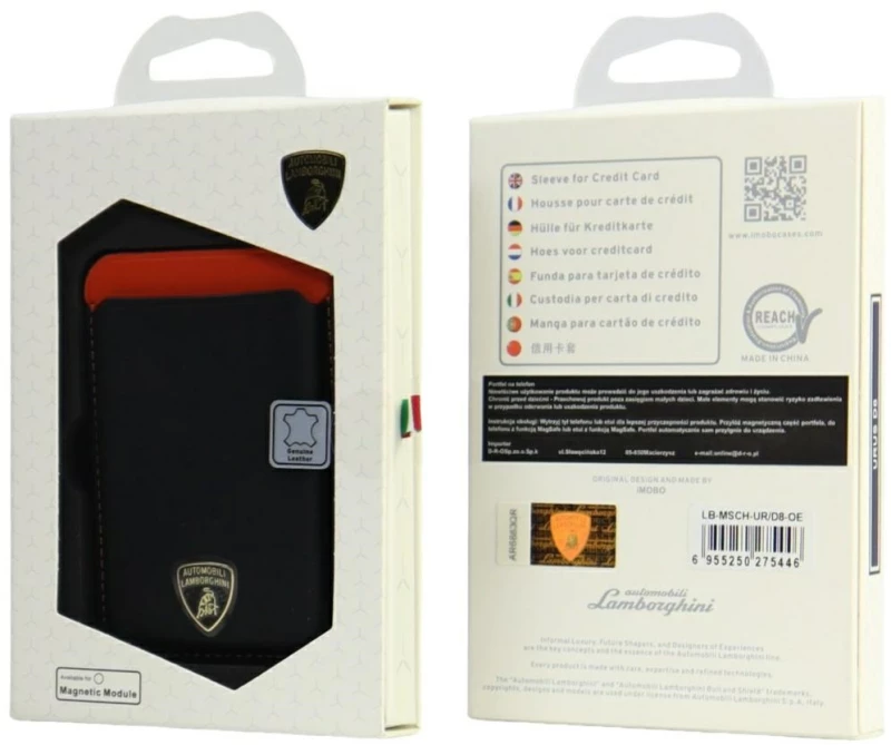 Lamborghini Urus D8 Genuine Leather MagSafe Magnetic Phone Wallet - Black and Red