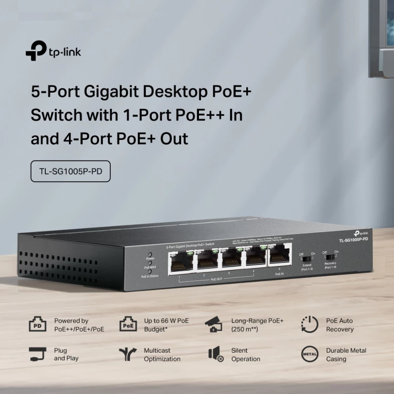 TP-LINK desktop switch TL-SG1005P-PD  5x Gigabit θύρες  PoE+  UN/1.0