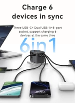 USAMS φορτιστής/αντάπτορας πρίζας CC310, 2x USB & 3x USB-C, universal, 70W, μαύρος