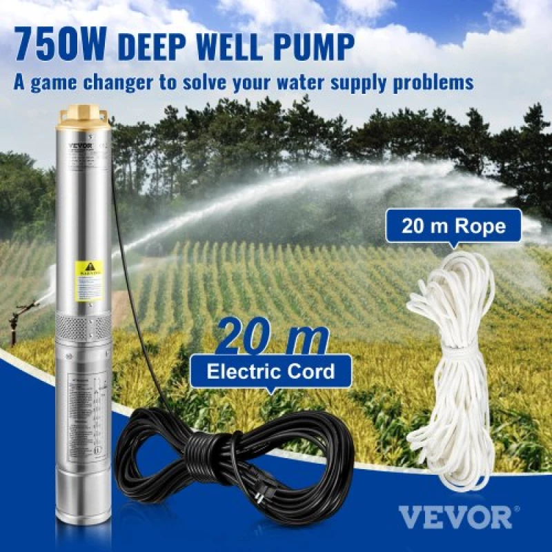 Υποβρύχια αντλία VEVOR Deep Well, 750W 230V/50Hz, 100L/min 66 m Head Sand Resistant