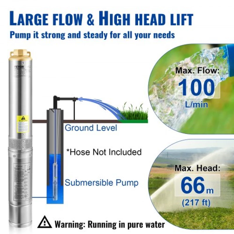 Υποβρύχια αντλία VEVOR Deep Well, 750W 230V/50Hz, 100L/min 66 m Head Sand Resistant