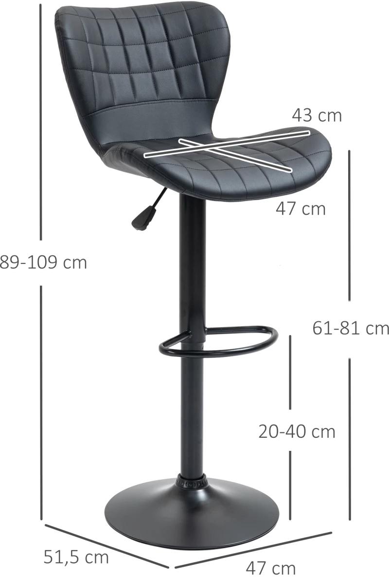 Σετ 2 σκαμπό μπαρ ρετρό σχέδιο 47 cm x 51,5 cm x 89-109 cm μαύρο