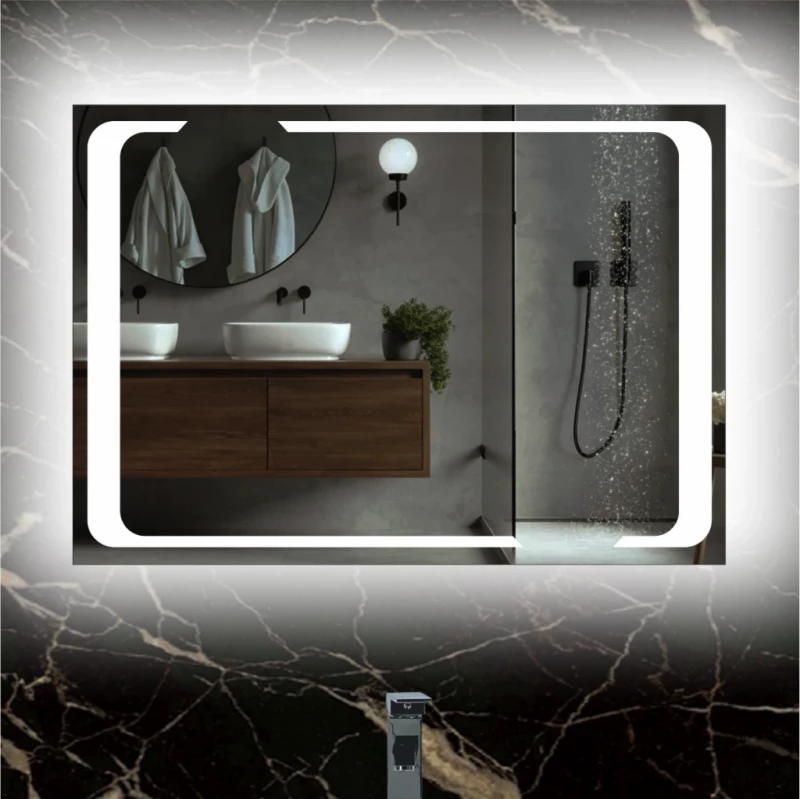 Stewehome Καθρέφτης LED με Σχέδιο Laser και Καμπυλωτές Γωνίες – λευκό 49x70 cm