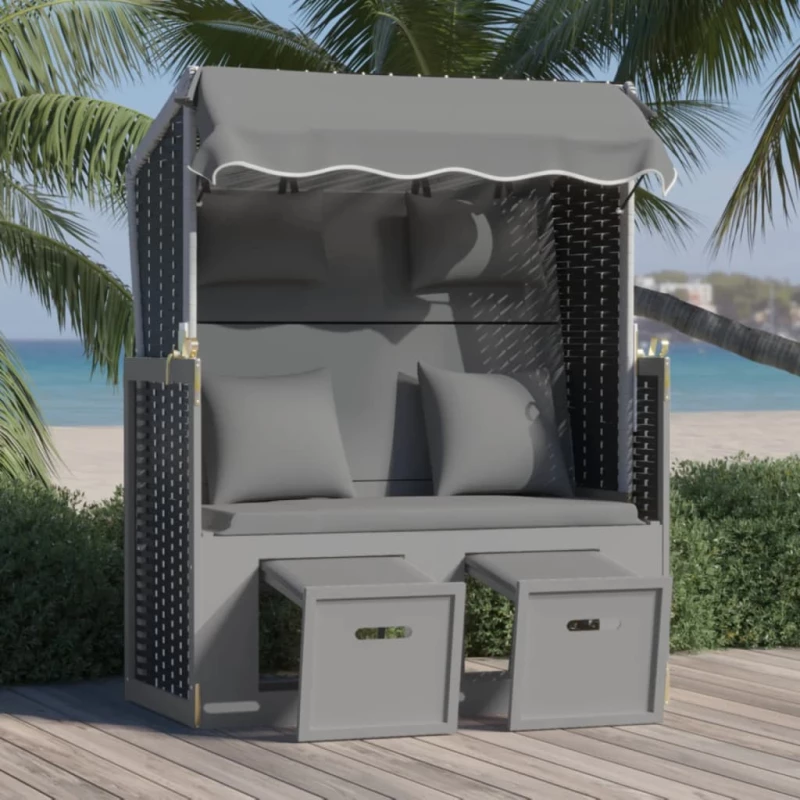 vidaXL Ξαπλώστρα Strandkorb Ανθρακί/Μαύρο Συνθ. Ρατάν/Ξύλο με Μαξιλάρι