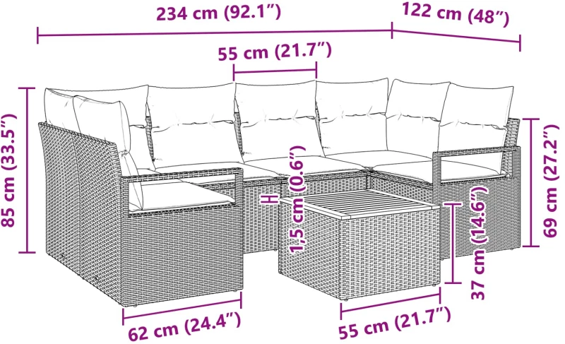 vidaXL Σετ Καναπέ Κήπου με μαξιλάρι 7 pcs Μαύρο συνθετικό ρατάν