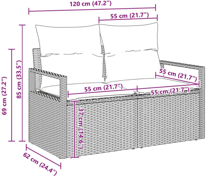 vidaXL Σετ Καναπέ Κήπου με μαξιλάρι 7 pcs Μαύρο συνθετικό ρατάν