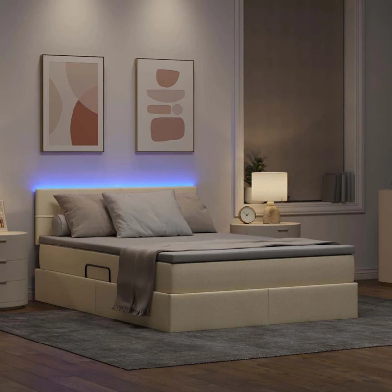 vidaXL Κρεβάτι με αποθηκευτικό χώρο και LED Κρέμ 140 x 190 cm ύφασμα