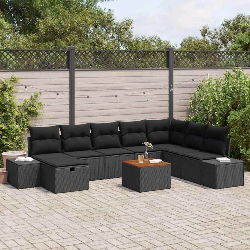 vidaXL Σετ Καναπέ Κήπου με μαξιλάρι 9 pcs Μαύρο συνθετικό ρατάν