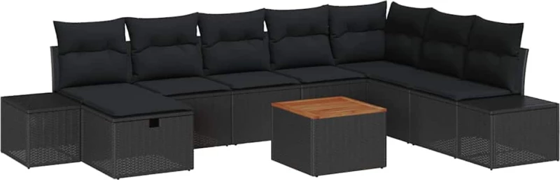 vidaXL Σετ Καναπέ Κήπου με μαξιλάρι 9 pcs Μαύρο συνθετικό ρατάν