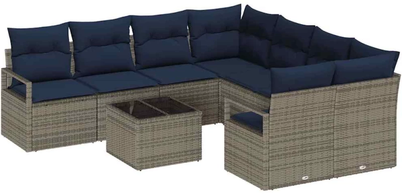 vidaXL Σετ Καναπέ με μαξιλάρι 9 pcs Γκρι και Ναυτικό συνθετικό ρατάν
