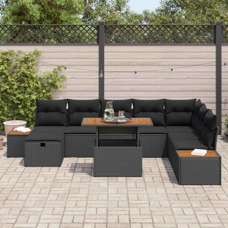 vidaXL Σετ Καναπέ Κήπου με μαξιλάρι 9 pcs Μαύρο συνθετικό ρατάν